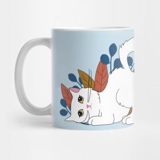 Cute white cat with high tail and brown eyes in garden with dark leaves Mug